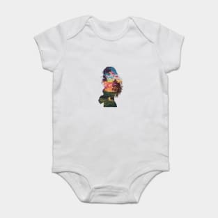 Girl Profile Filled with a Vibrant Nature Scene, Featuring Trees, a Sunset or Sunrise Sky, and a River Flowing Through a Landscape Baby Bodysuit